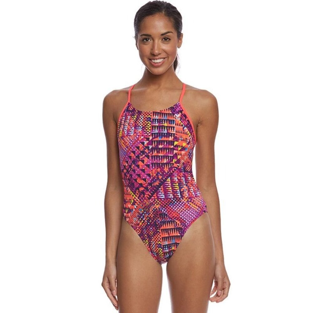 TYR Girls Machu Cutoutfit One Piece Swimsuit Open Back Purple Colorful 28
